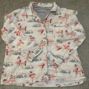 NICK & NORA Women 2XL Pink Flamingo Airstream Flannel PAJAMA Top ONLY